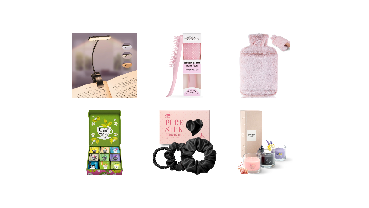 Idées cadeaux femme à moins de 20 euros : lampe de lecture, brosse démêlante, bouillotte, coffret de thé, chouchous en soie et bougies