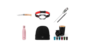 Idées cadeaux homme à moins de 20 euros : couteau Opinel, lampe frontale, thermomètre de cuisine, gourde isotherme, bonnet et tasse isotherme
