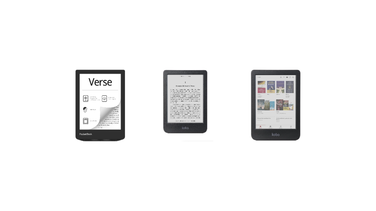 Trois liseuses pas chères côte à côte : PocketBook Verse, Kobo Clara BW et Kobo Clara Colour