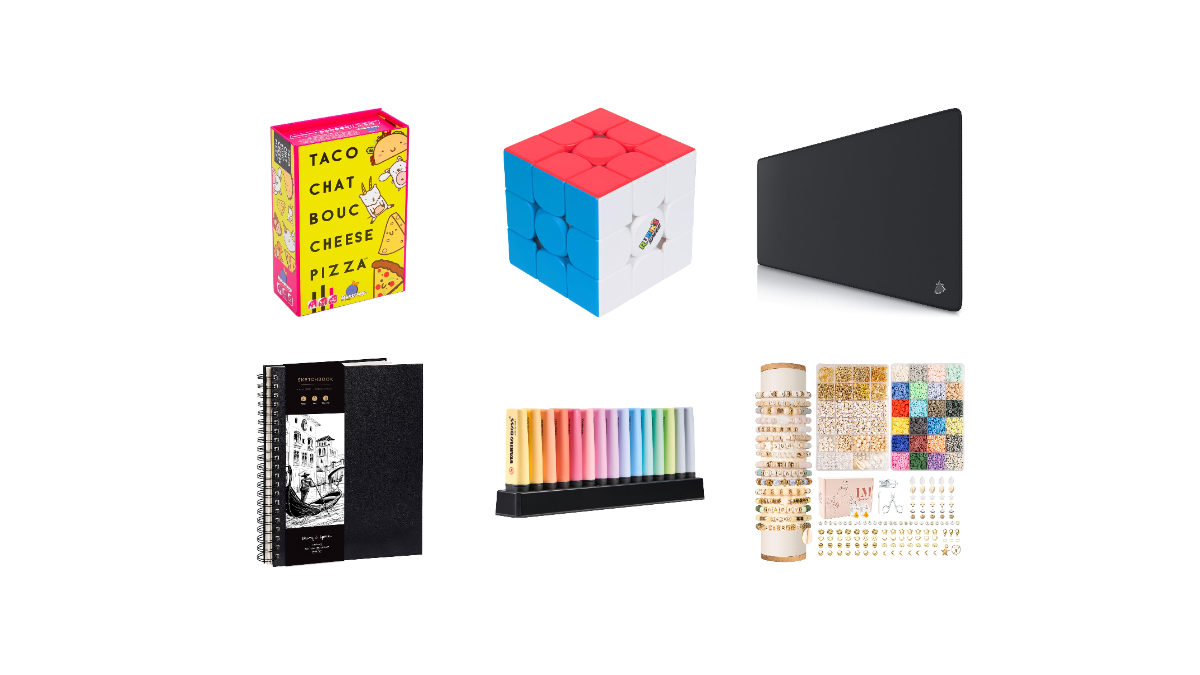 Idées cadeaux ado à moins de 20 euros : jeu de cartes, Rubik's Cube, tapis de souris XXL, carnet de croquis, surligneurs pastel et kit de perles